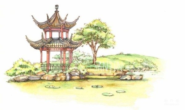 Pictures of watercolor paintings of Chinese-style pavilion buildings