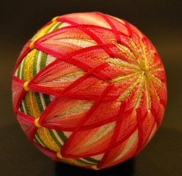 A collection of pictures of the finished product of an exquisite handmade Temari ball