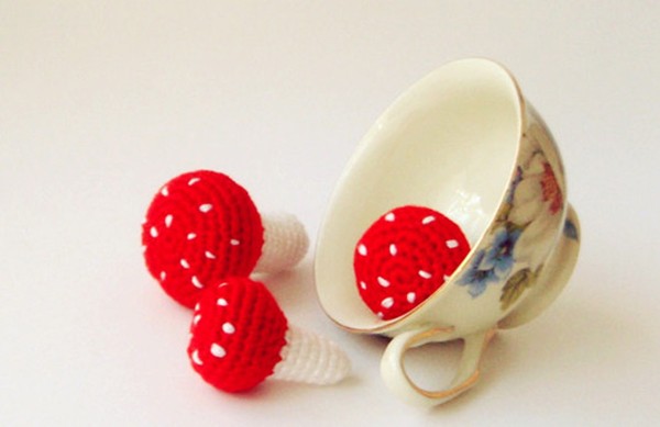 Handmade crochet red strawberry and heart decorative baubles