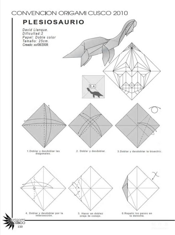 Origami art hand-making tutorial, David Llanque plesiosaur animal origami hand-making drawing tutorial