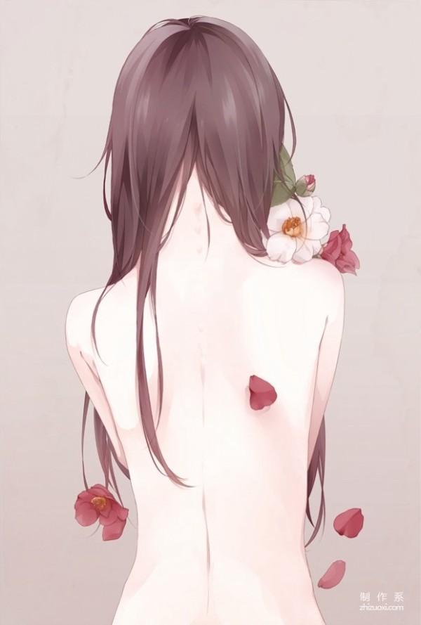 A fresh two-dimensional illustration of a beautiful girl’s back