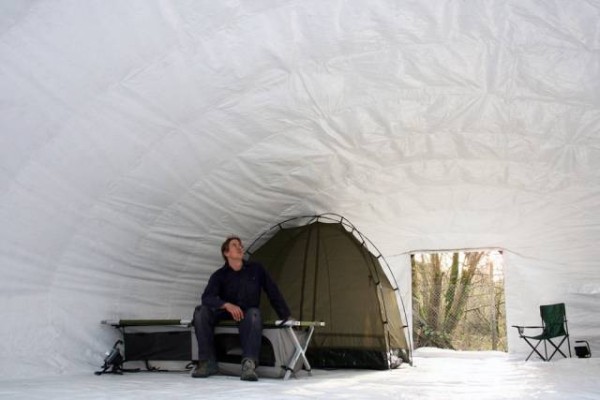 Temporary housing invented abroad, watered and hardened like concrete