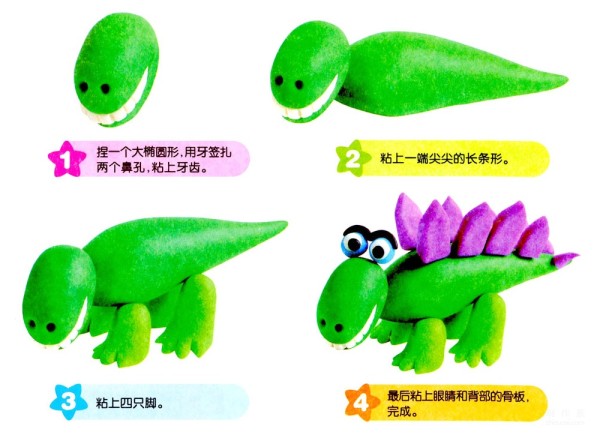 Illustration of how to make DIY dinosaur Stegosaurus with colored clay