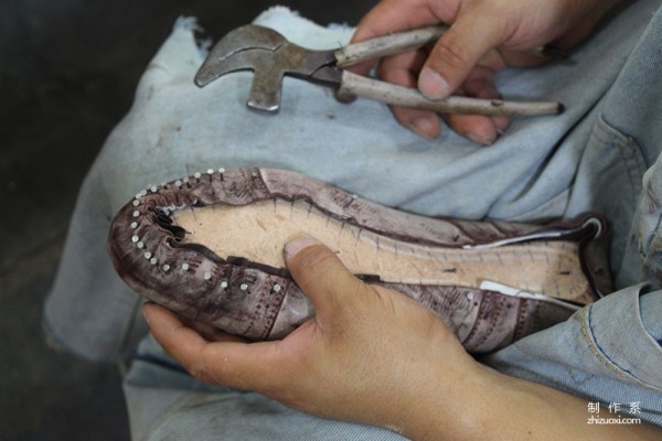 The making process of a pair of handmade work boots