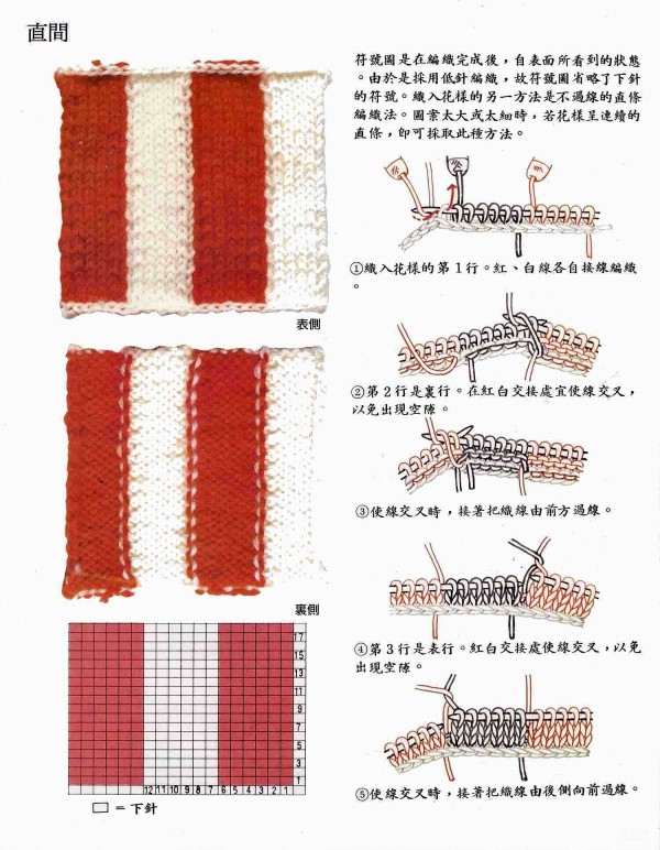 Several secondary color stick stitch knitting pattern methods