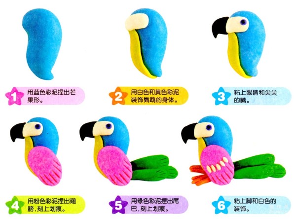 Illustrated steps for making a plasticine parrot