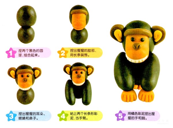 Illustration of how to make a gorilla with colored clay