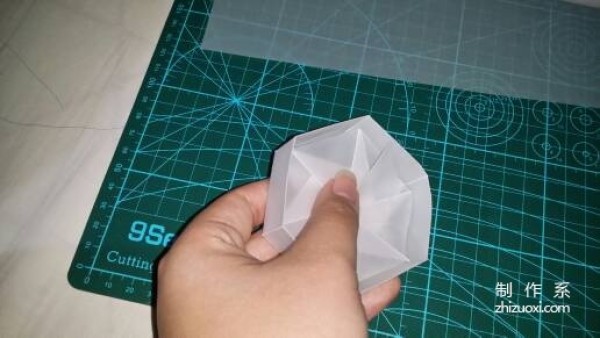 Illustration of the manual origami process of a simplified hexagonal box