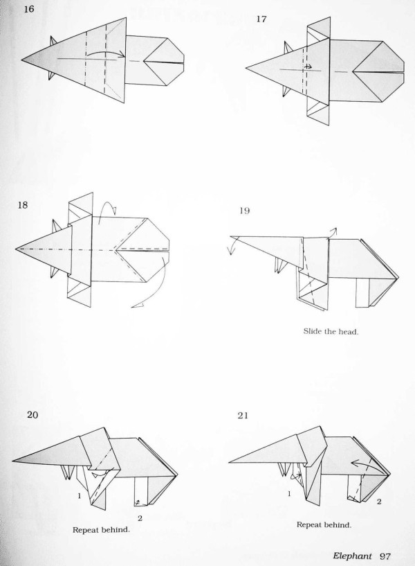 Illustrated origami tutorial for folding an elephant using RMB and US dollar banknotes