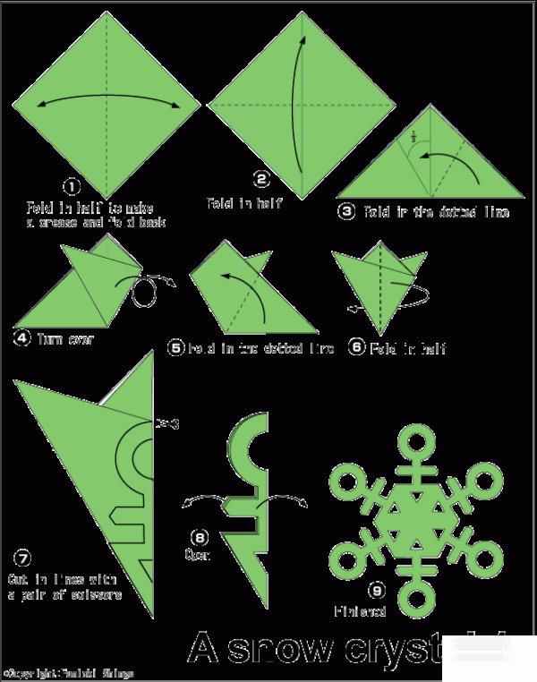 Origami paper-cutting method of cyan paper-cut Christmas snowflake pattern