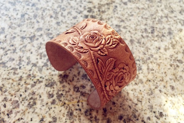 Carved leather Rose with Thorns bracelet