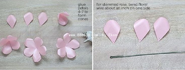 Detailed step-by-step illustration of making three-dimensional long-stem roses from wax paper in various colors