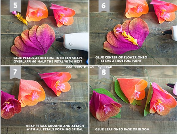 Detailed step-by-step illustration of making beautiful hibiscus flowers from colored crepe paper