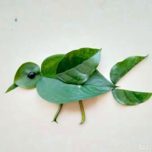 Step-by-step method of hand-painting cartoon bird on leaves