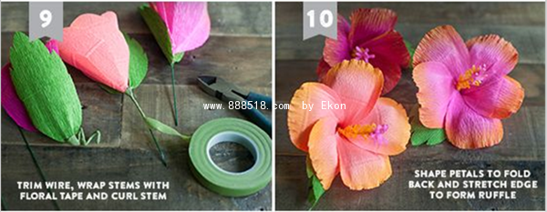 Detailed step-by-step illustration of making beautiful hibiscus flowers from colored crepe paper