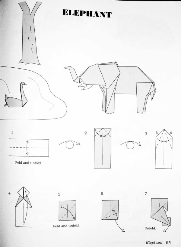 Illustrated origami tutorial for folding an elephant using RMB and US dollar banknotes