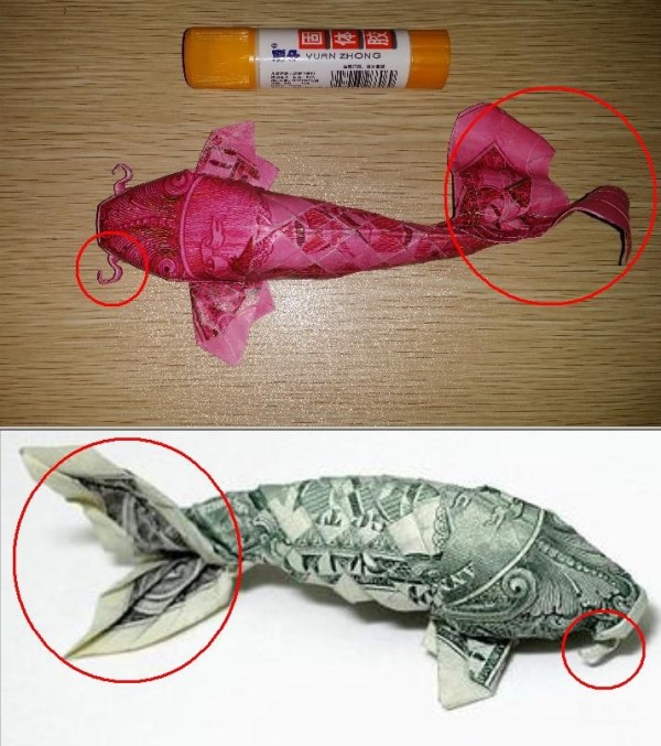 Tutorial on how to make origami carps using dollar origami carps.