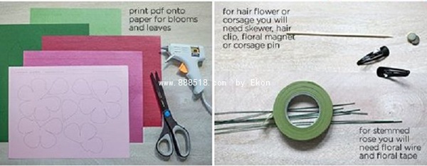 Detailed step-by-step illustration of making three-dimensional long-stem roses from wax paper in various colors