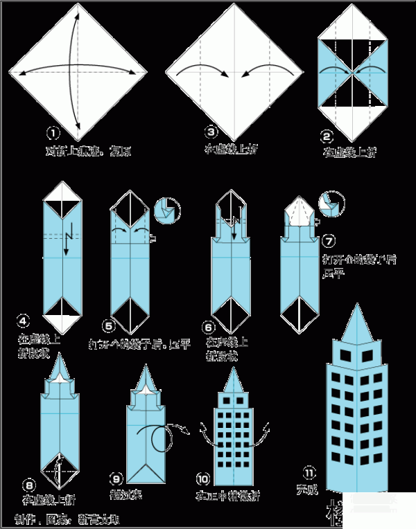 Illustration of how to make origami high-rise buildings