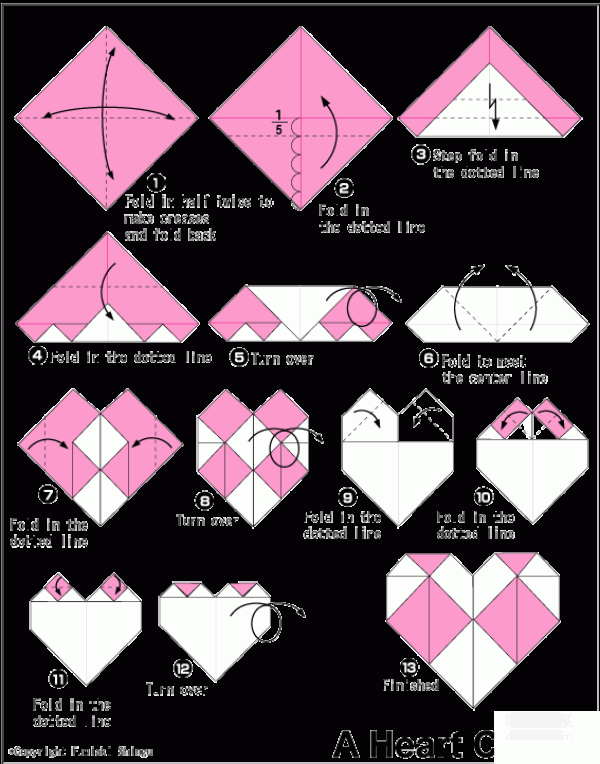 Five ways to make origami hearts. Illustrated step-by-step tutorial on how to make origami hearts.