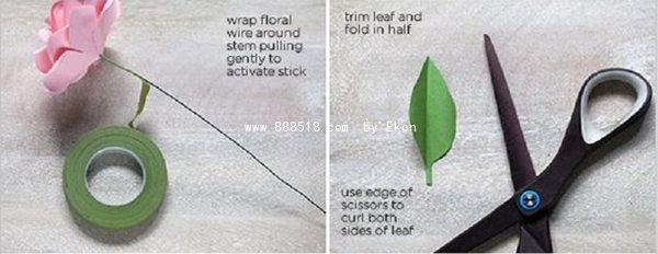 Detailed step-by-step illustration of making three-dimensional long-stem roses from wax paper in various colors