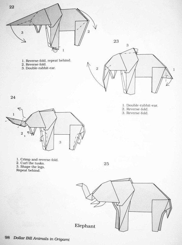 Illustrated origami tutorial for folding an elephant using RMB and US dollar banknotes