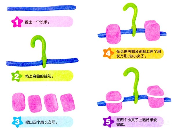 Illustration of how to make plasticine trouser clips and clothes hangers