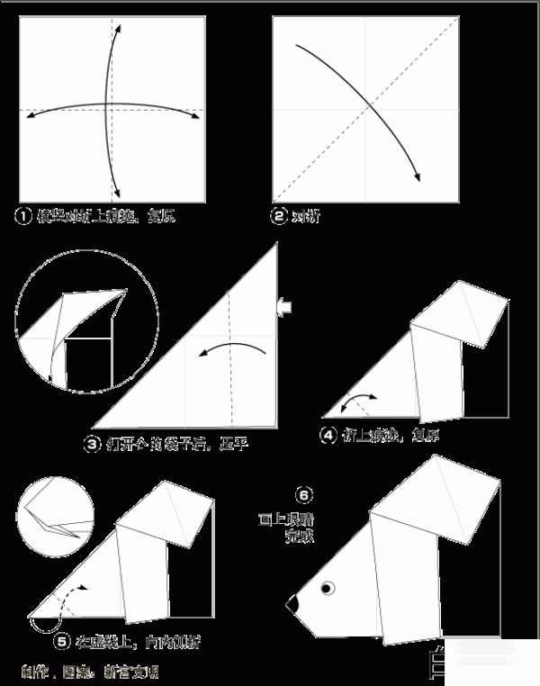 Illustration of the steps for children to make origami white bears