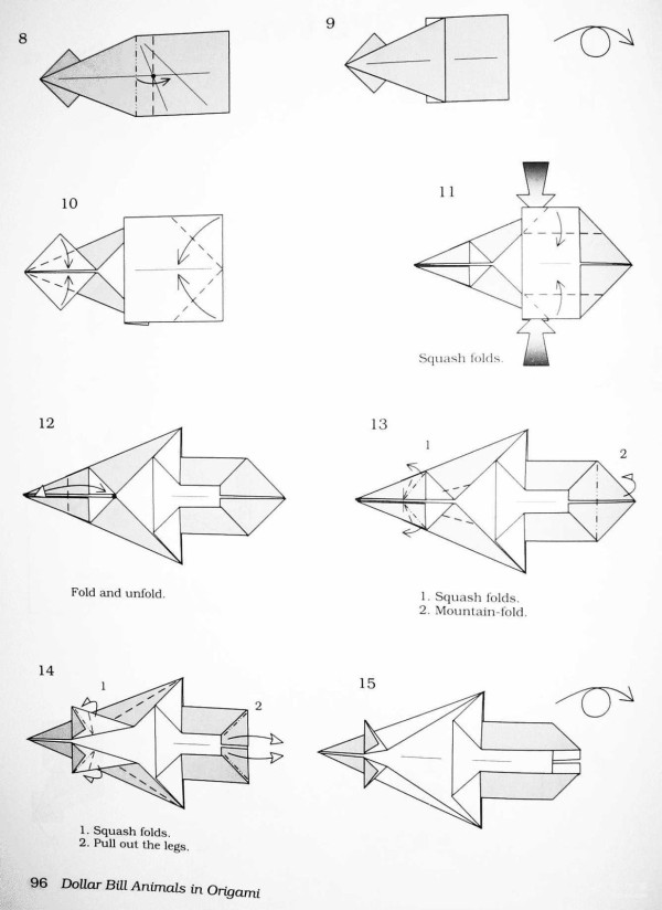 Illustrated origami tutorial for folding an elephant using RMB and US dollar banknotes