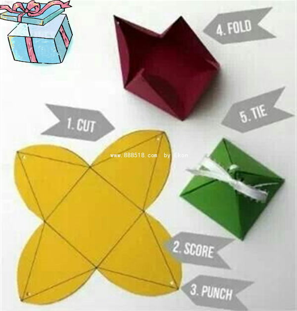 Illustration of the steps for making various three-dimensional origami gift boxes