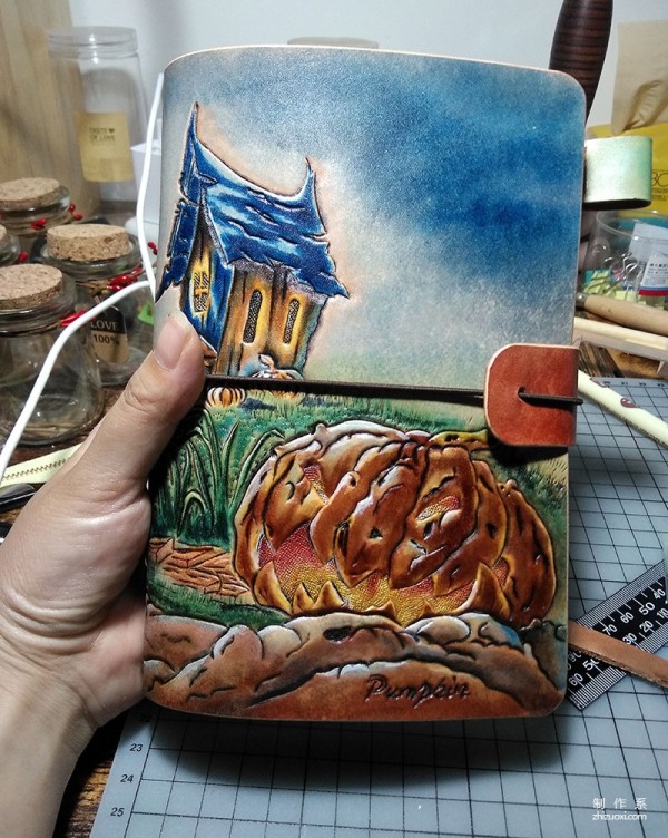 Halloween pumpkin lantern style leather carving notebook making