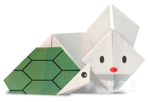 Happy origami turtle and rabbit, origami method of turtle and white rabbit