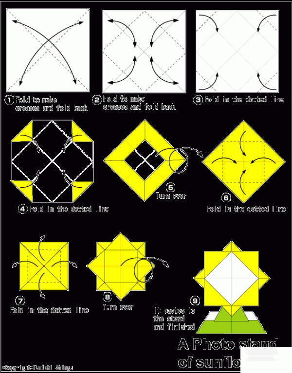 Origami method of sunflower photo frame