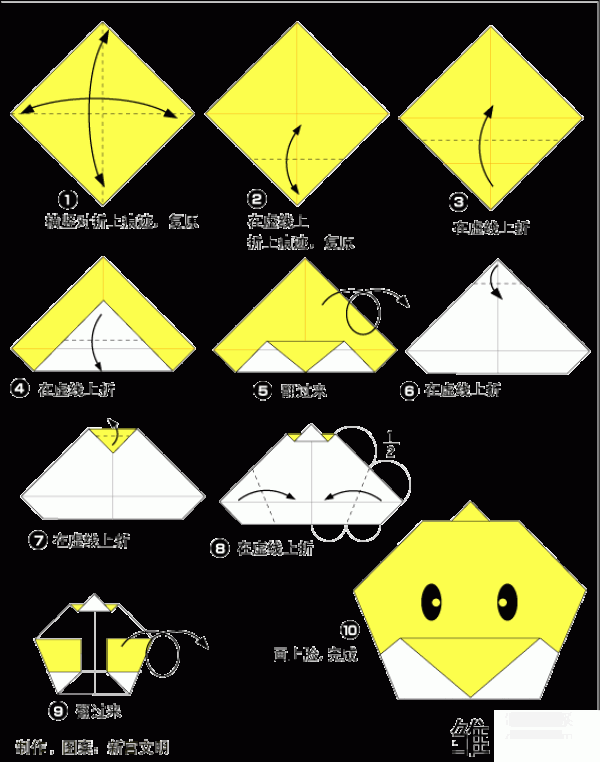 Childrens origami is a simple and interesting way to make origami of a chicks face.